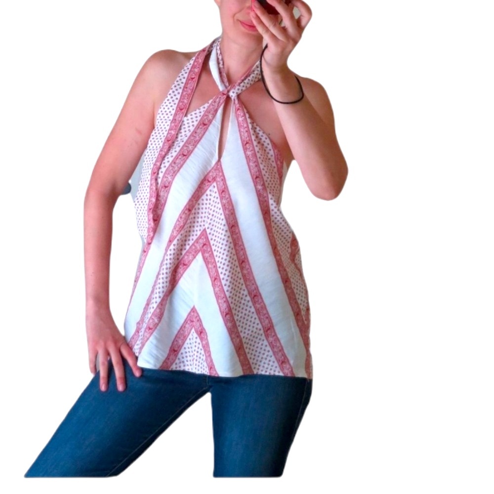 Line and Dot Revolve halter top red white floral geometric print size Large
